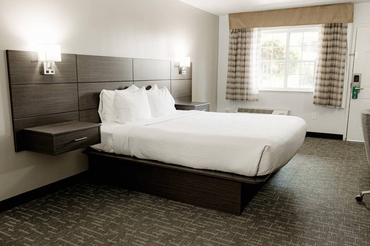 A hotel room with a large bed, a bedside table, a wall-mounted lamp, and a window with curtains.