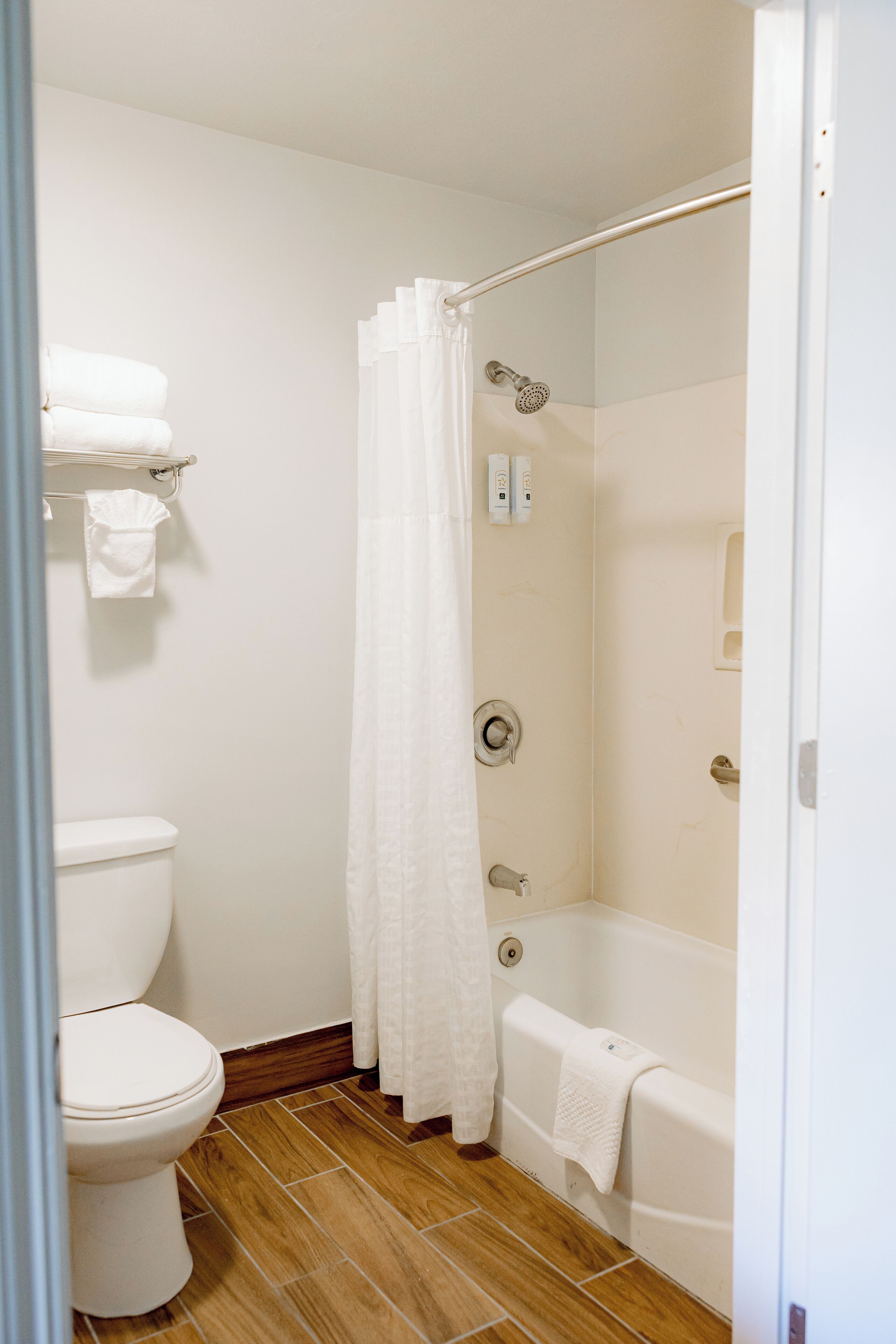 A bathroom with a toilet, a shower with a curtain, and a bathtub.