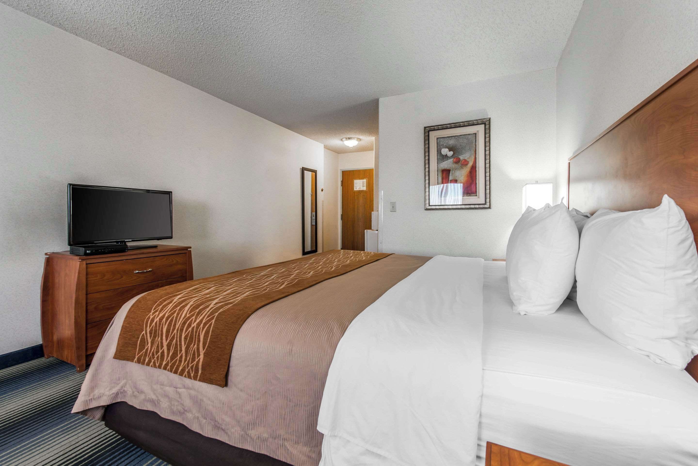 Une chambre d’hôtel avec un lit, un téléviseur posé sur une commode en bois, un tableau encadré accroché au mur et une porte donnant sur une autre pièce.