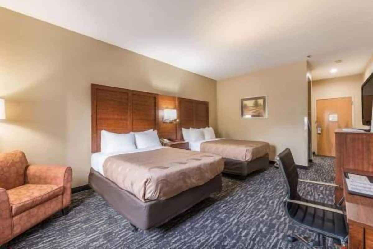 Habitación de hotel con dos camas, un sofá, un escritorio y una silla.