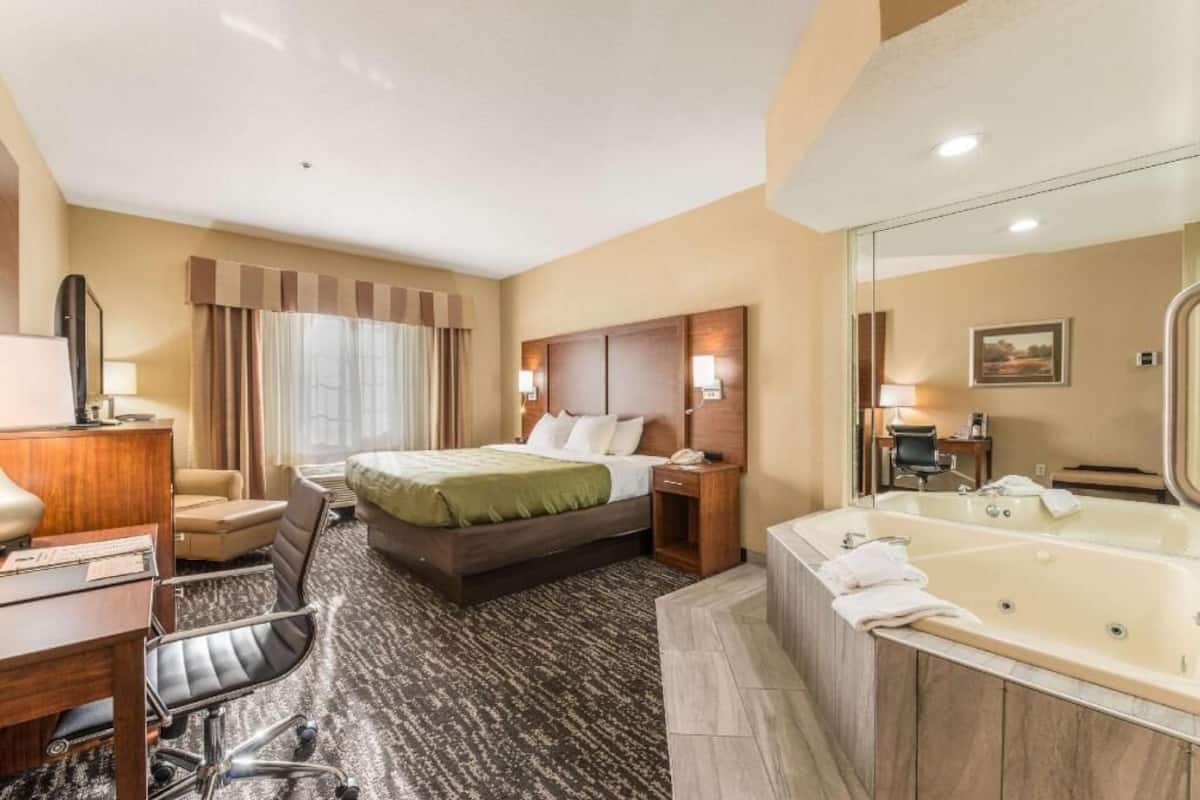 Habitación de hotel con cama, escritorio, silla y un baño amplio con bañera.