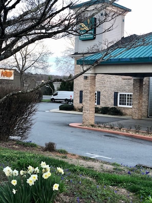 A Quality Inn & Suites with a brick facade and a blue roof, a parking lot, and a row of daffodils in the foreground.