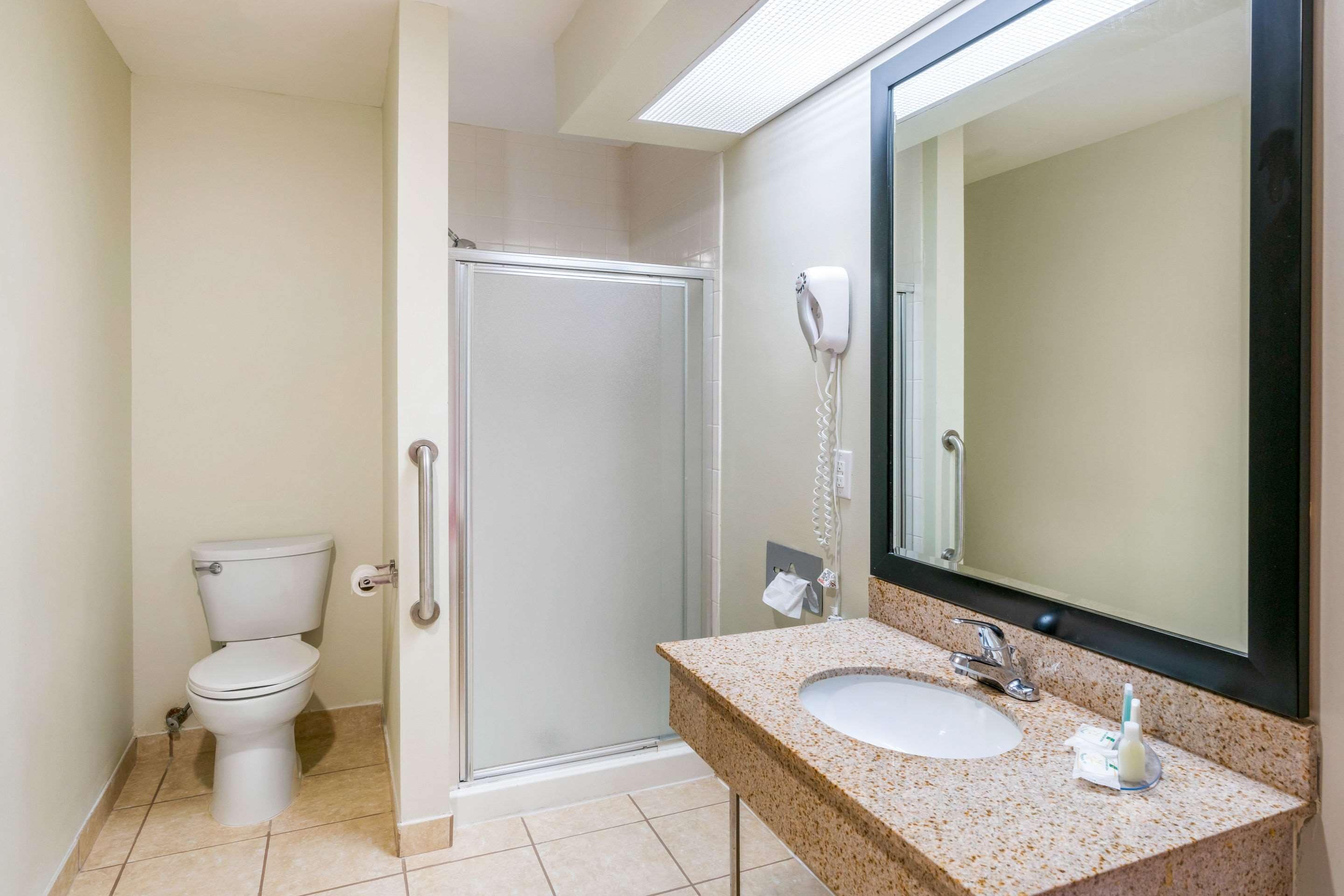 A bathroom with a toilet, a shower, and a sink with a mirror.