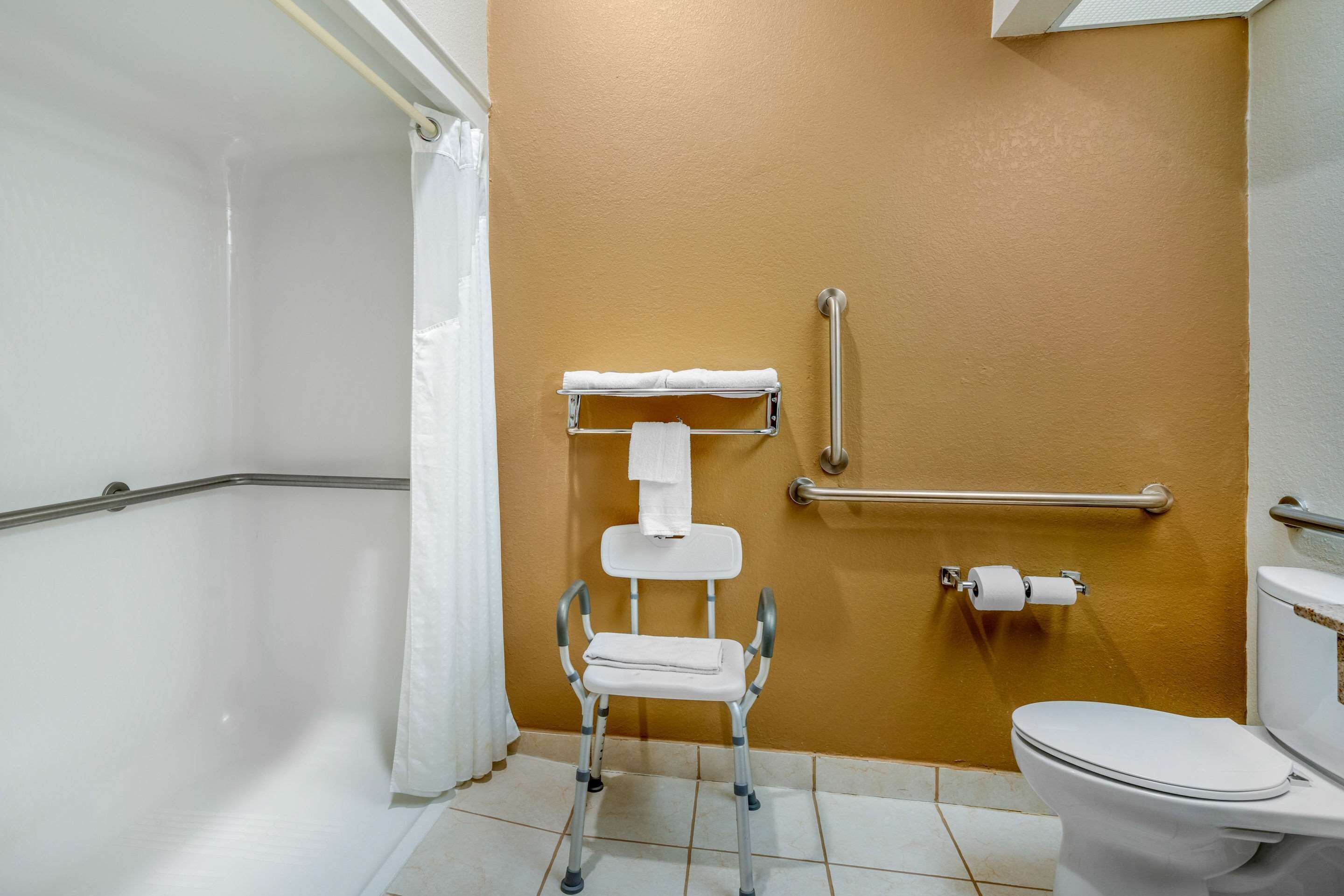 Un bagno con un water bianco, una doccia bianca e un corrimano bianco.