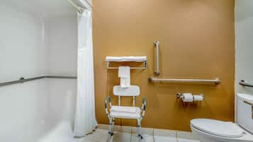 Un bagno con un water bianco, una doccia bianca e un corrimano bianco.