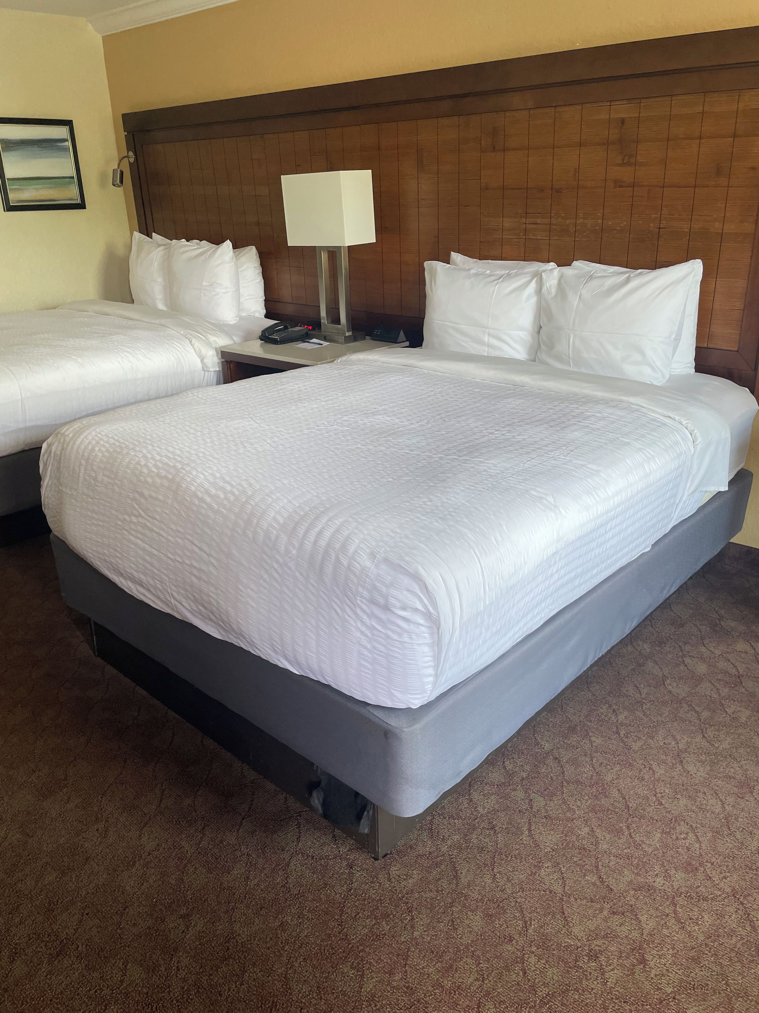 Una habitación de hotel con una cama grande, una cama más pequeña, una mesita de noche con una lámpara y un cuadro en la pared.