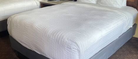 Una habitación de hotel con una cama grande, una cama más pequeña, una mesita de noche con una lámpara y un cuadro en la pared.