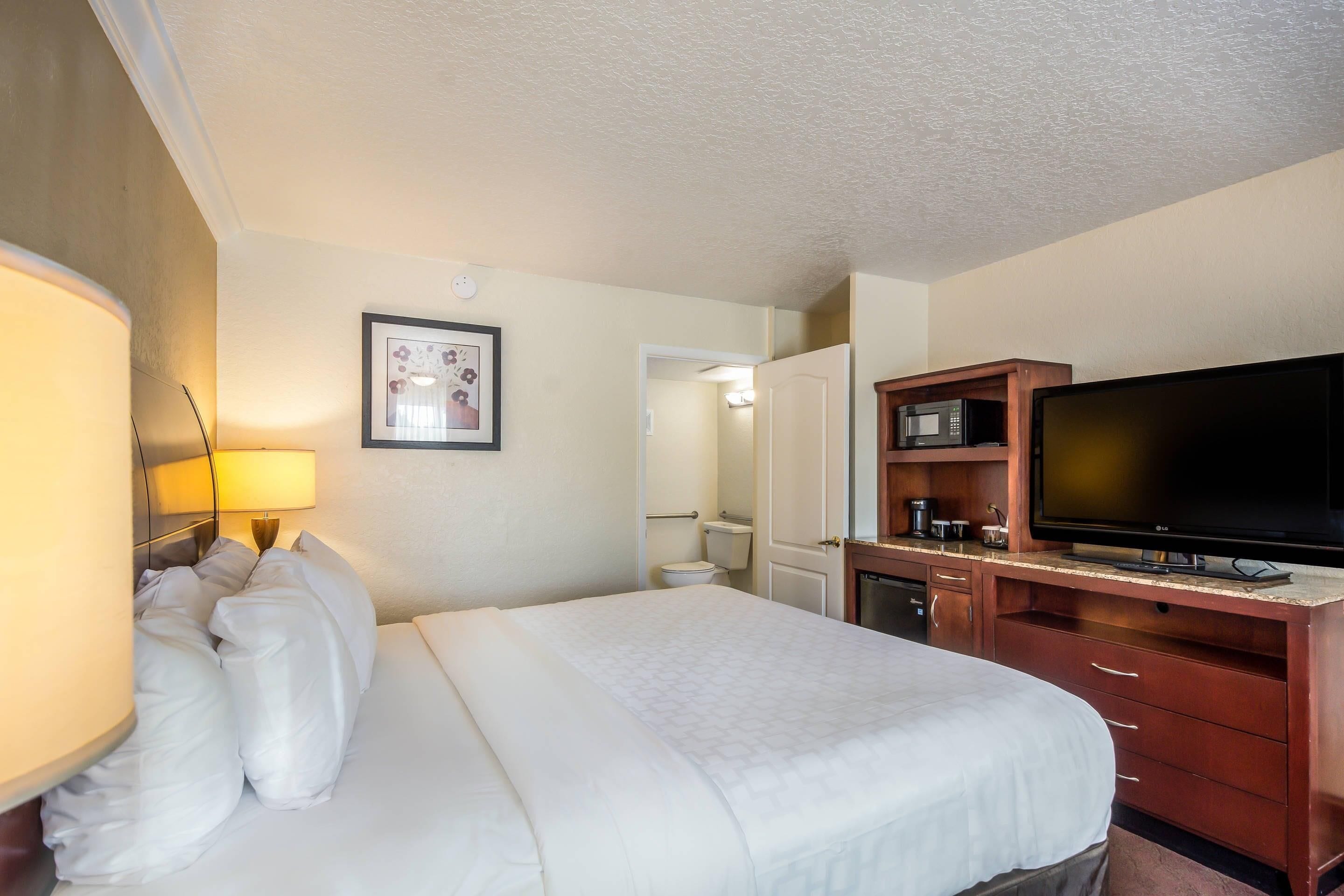 Une chambre d’hôtel avec un lit, une télévision, une lampe, un four à micro-ondes et une porte de salle de bain.