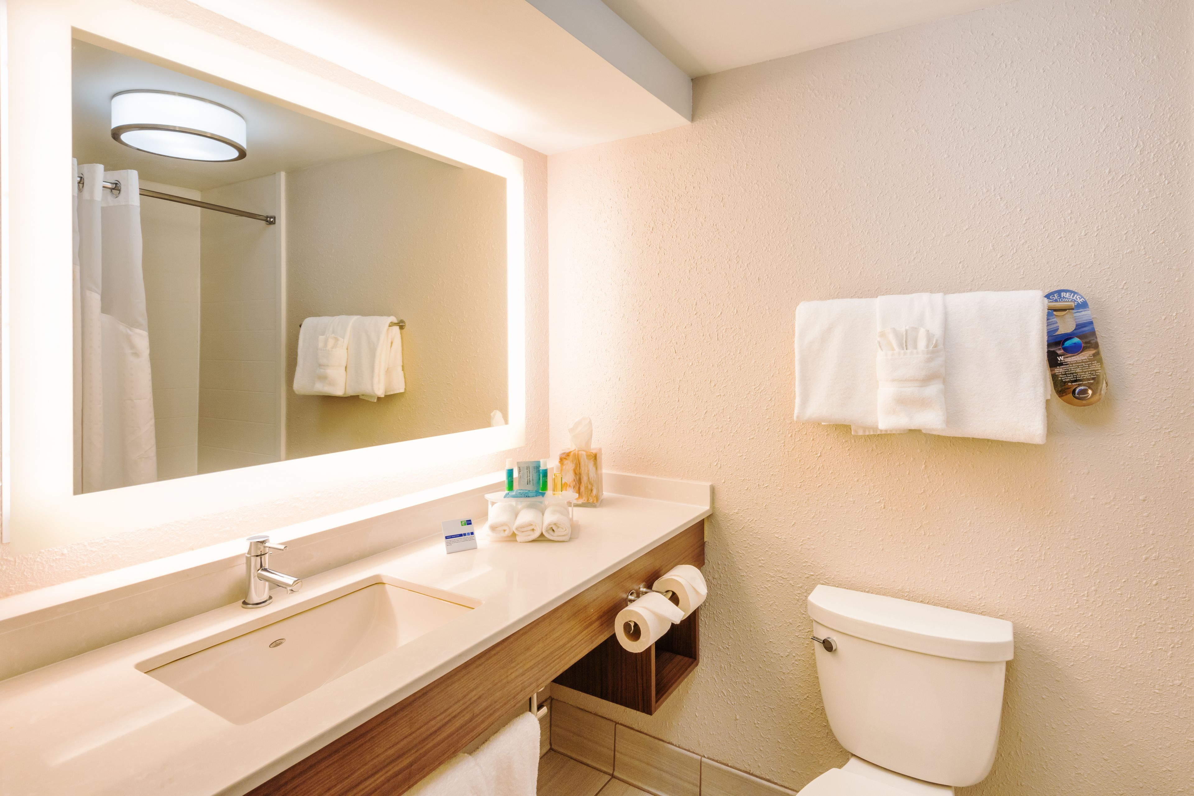 combined shower/bathtub, free toiletries, hair dryer, towels