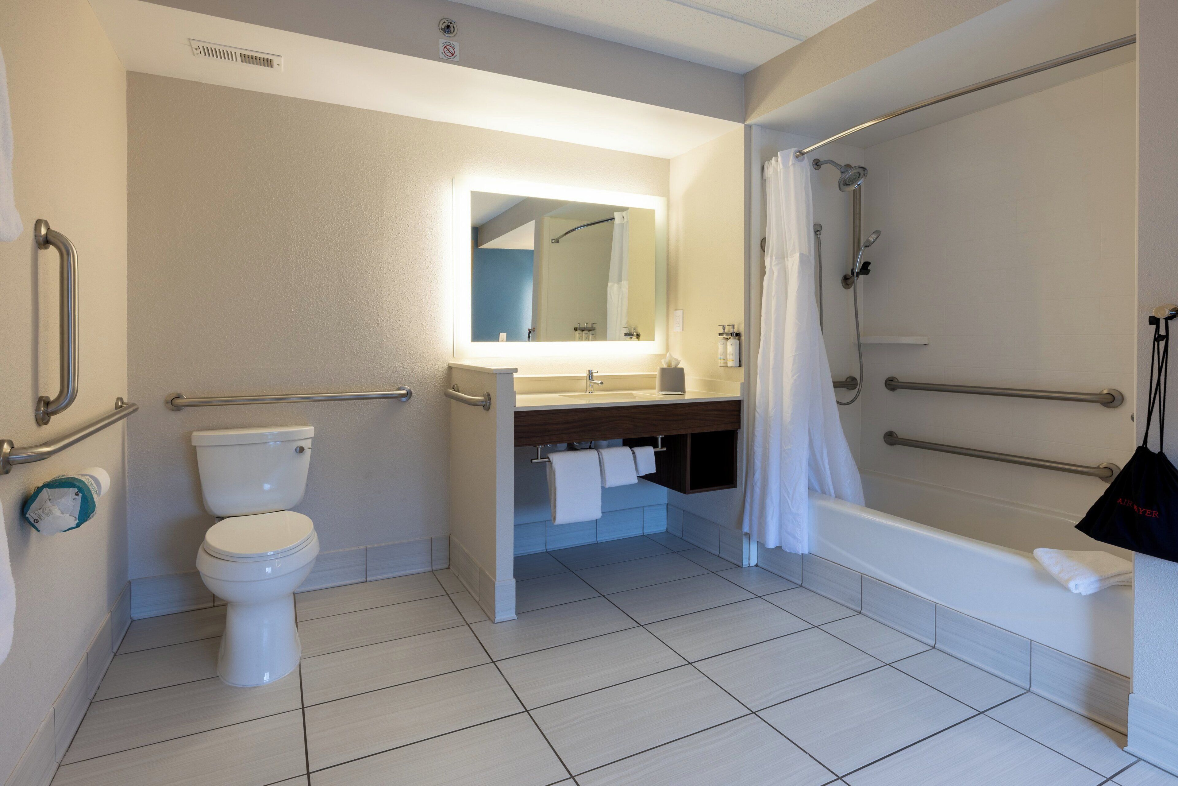 Une salle de bain équipée de toilettes, d’un lavabo, d’un miroir, d’une douche et de barres d’appui.