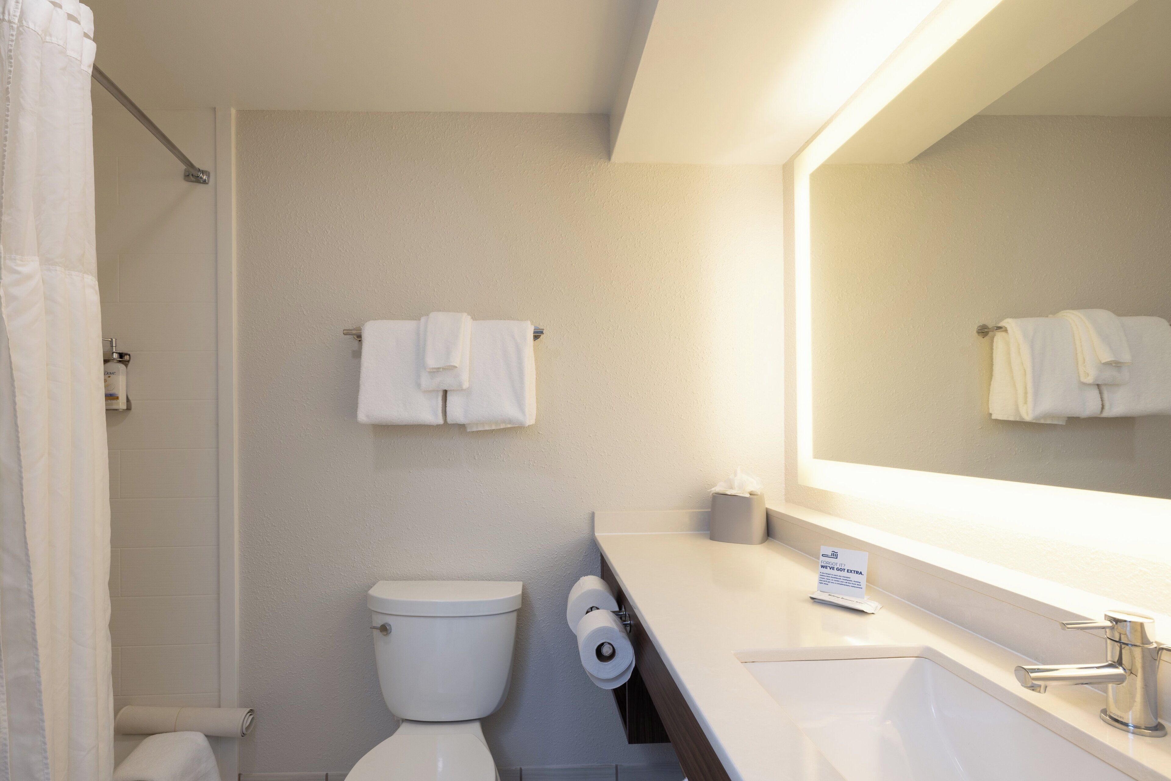 Une salle de bain équipée de toilettes, d’un lavabo, d’un miroir et d’un rideau de douche.