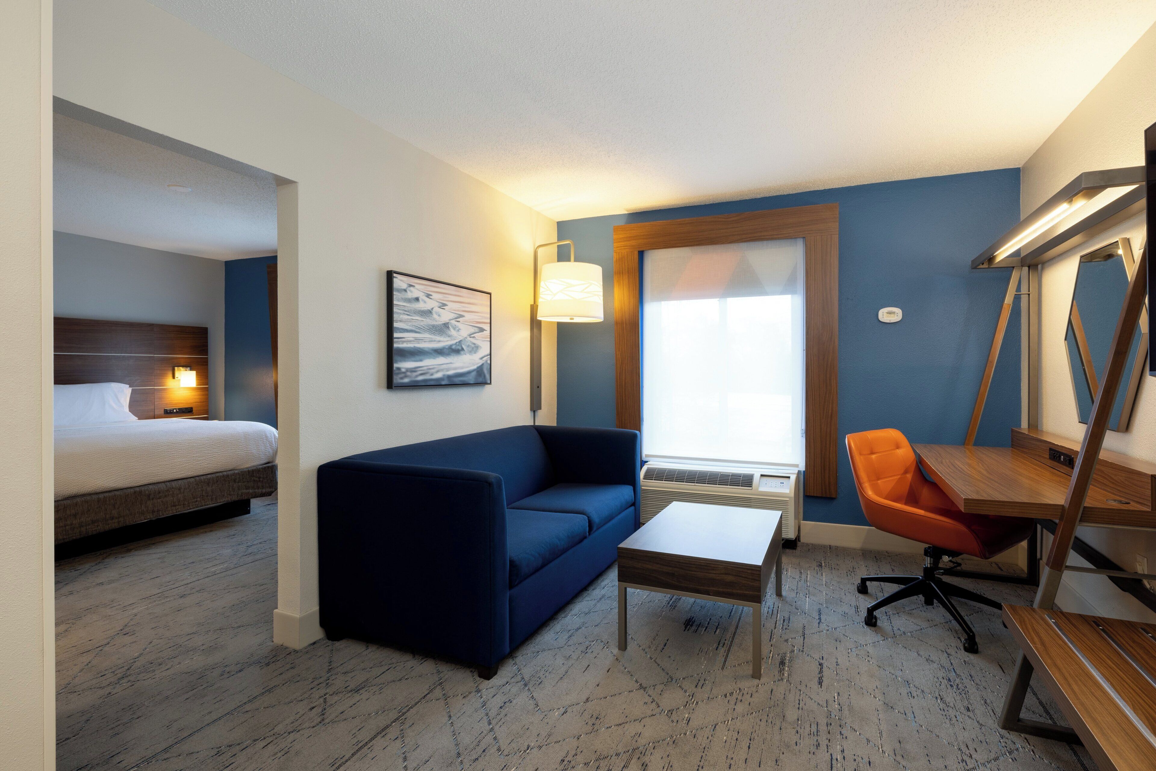 In-room safe, desk, laptop workspace, blackout curtains