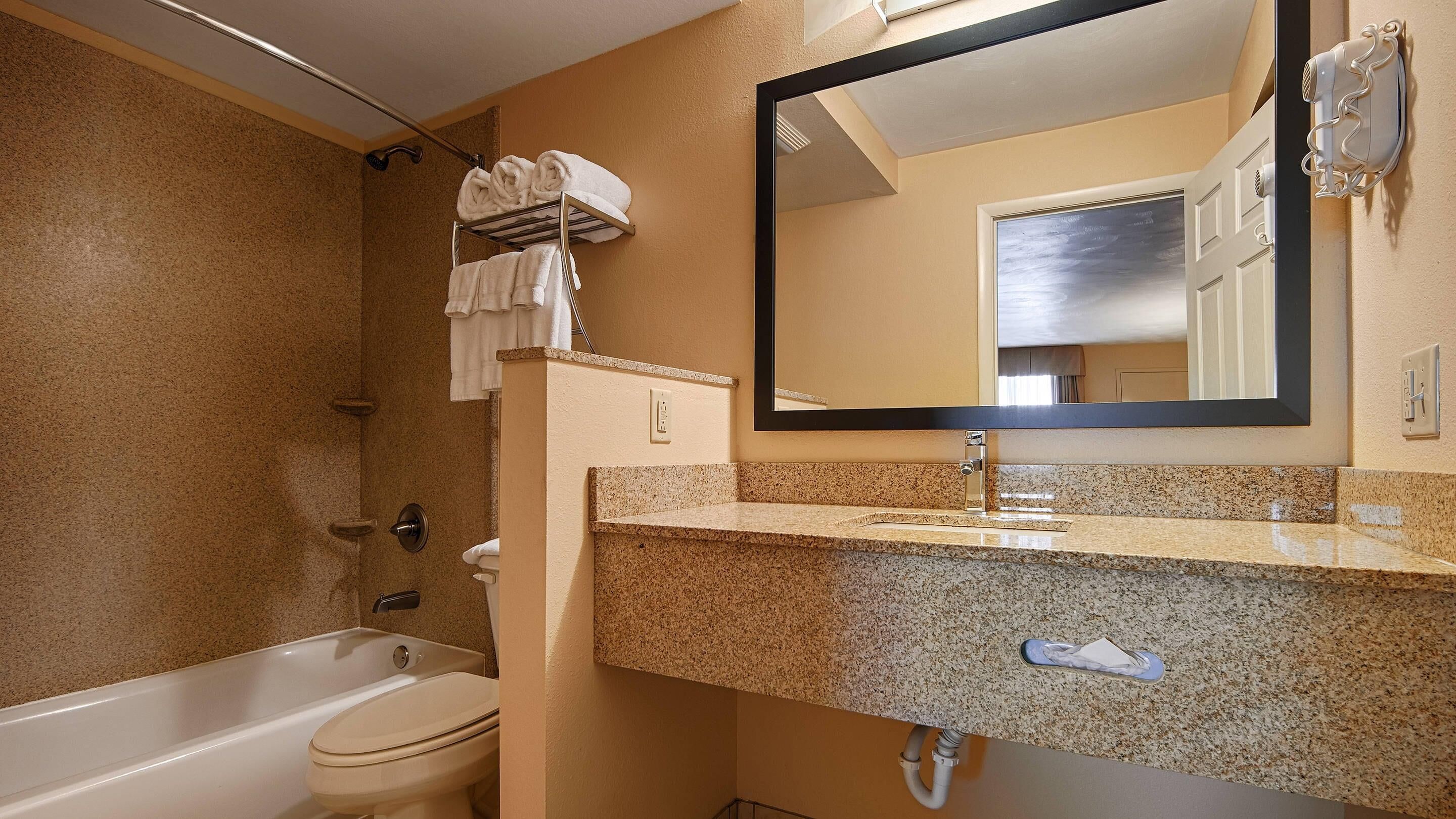 A bathroom with a bathtub, toilet, and a large mirror above a granite countertop.