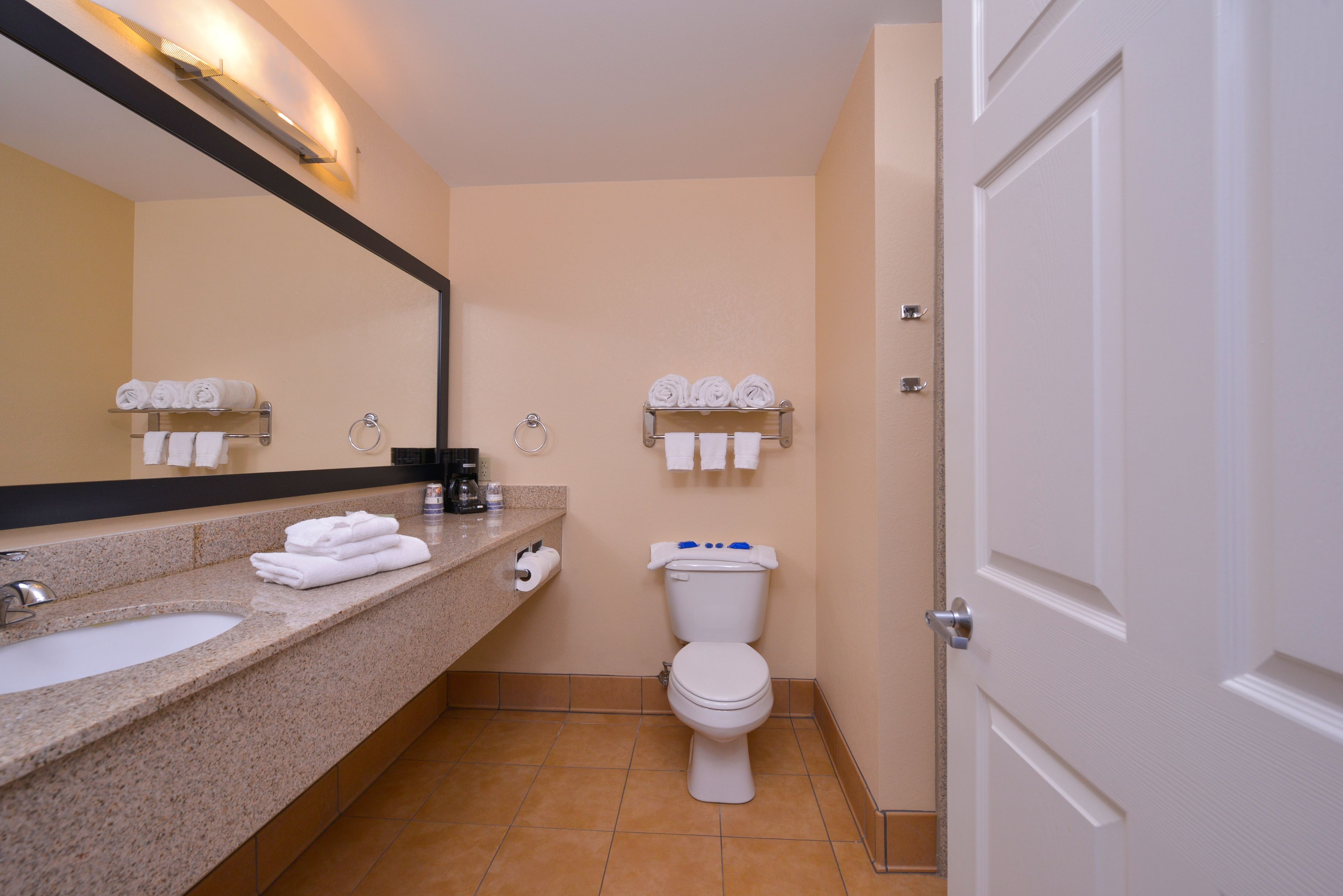 A bathroom with a sink, toilet, and towel rack.