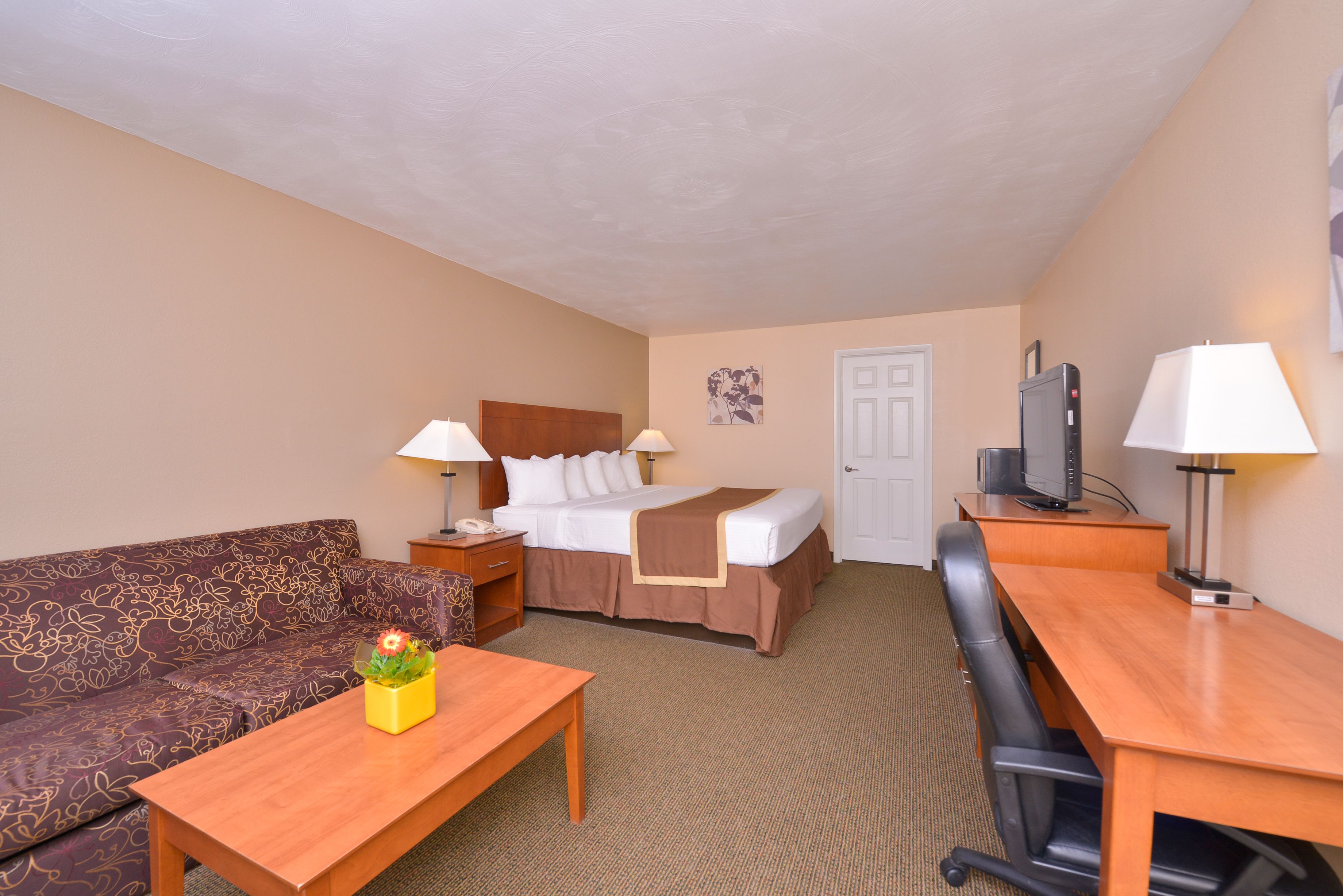 A hotel room with a bed, a sofa, a desk, a chair, a lamp, a TV, and a small table with a flower.