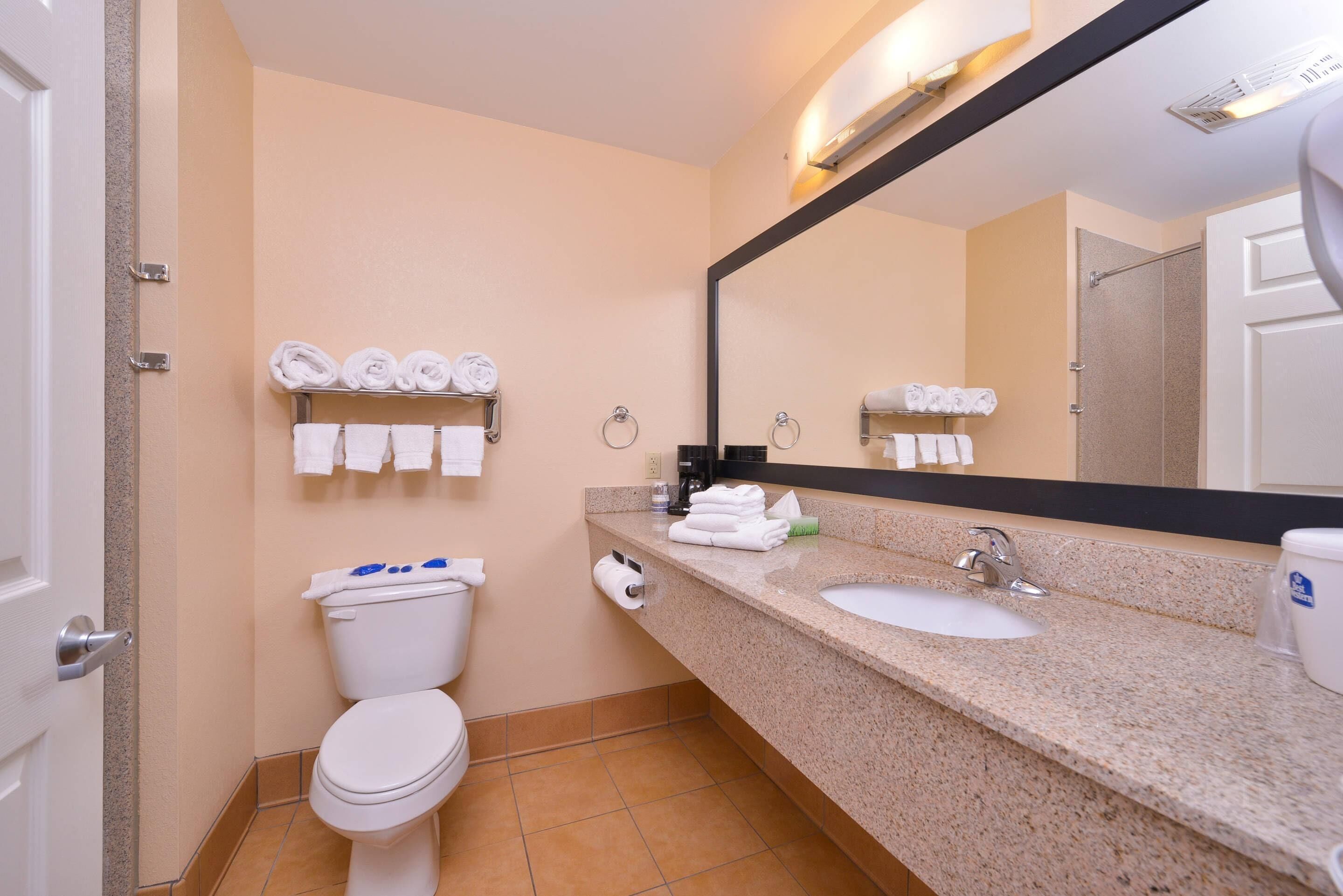 A hotel bathroom with a toilet, sink, and towel rack.