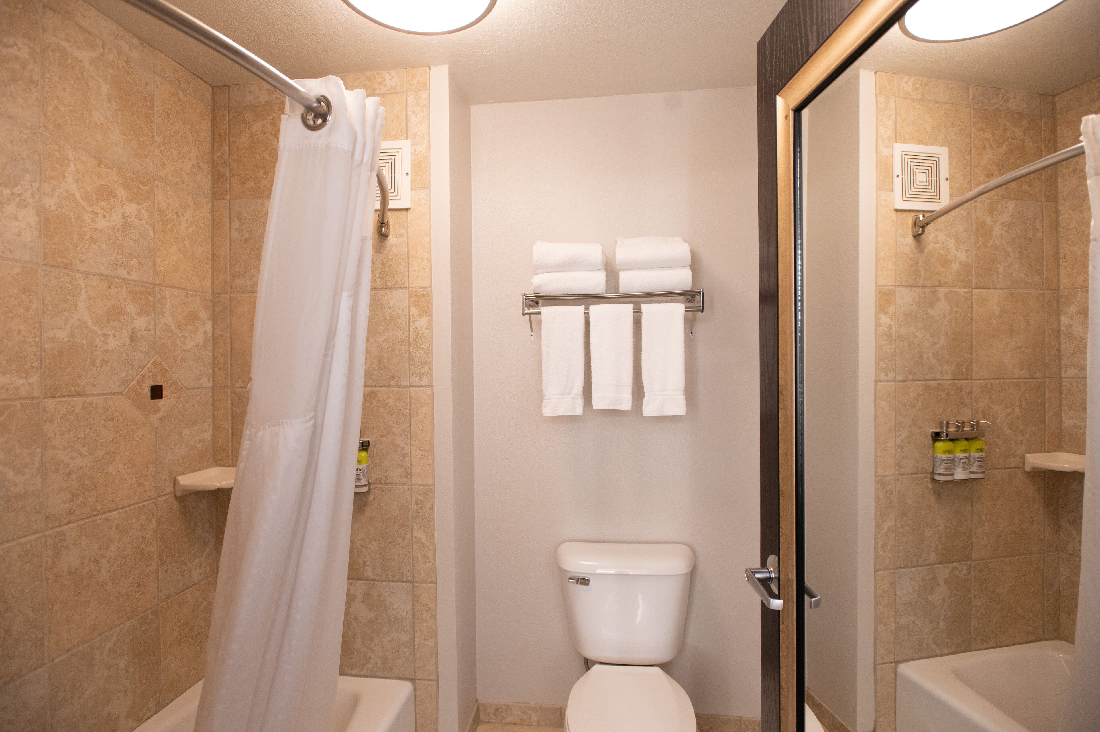 A bathroom with a shower, toilet, and bathtub. There are towels hanging on a rack and a glass shower door.