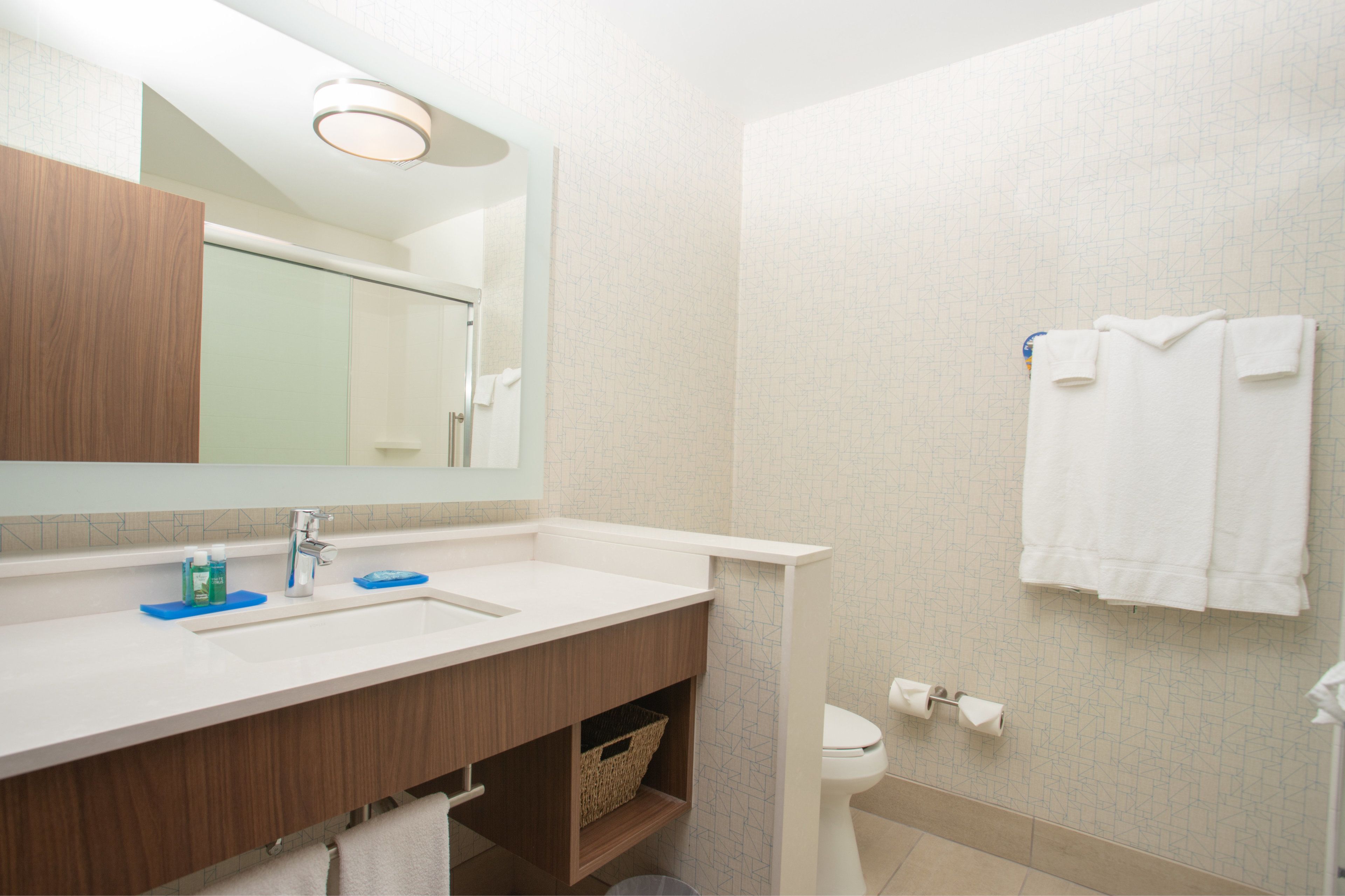 Un bagno con lavandino bianco, specchio e servizi igienici. Asciugamani appesi al muro e un cesto sotto il lavandino.