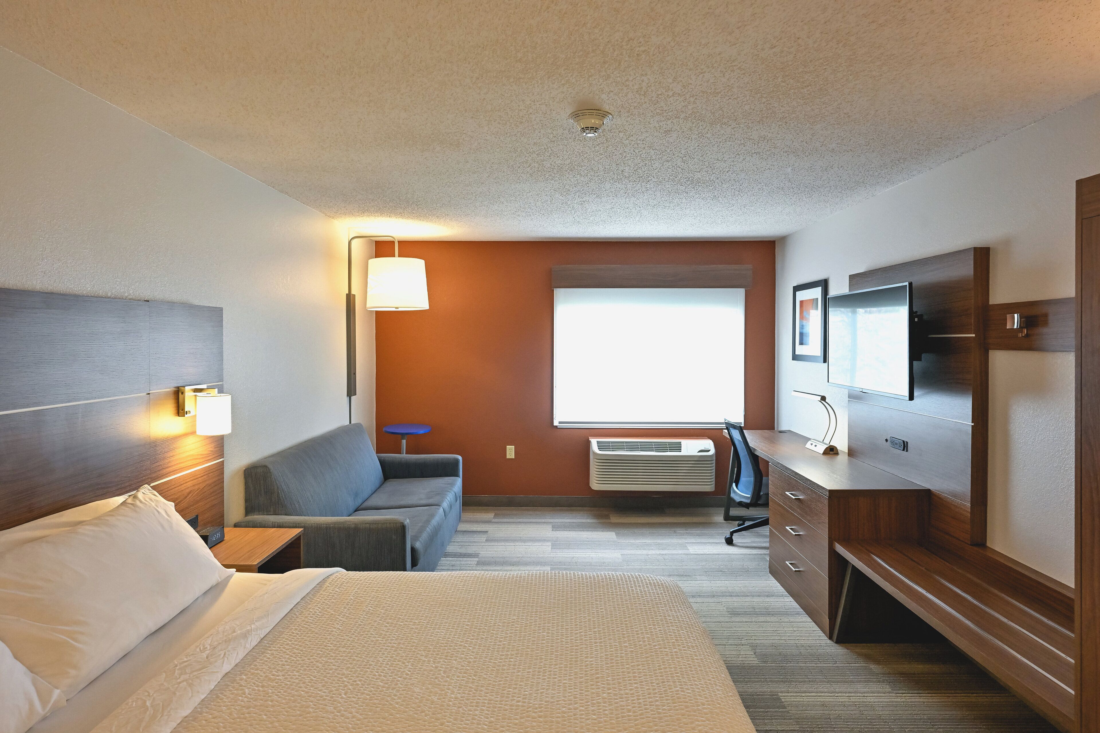 A hotel room with a bed, a sofa, a desk, a TV, and a window.
