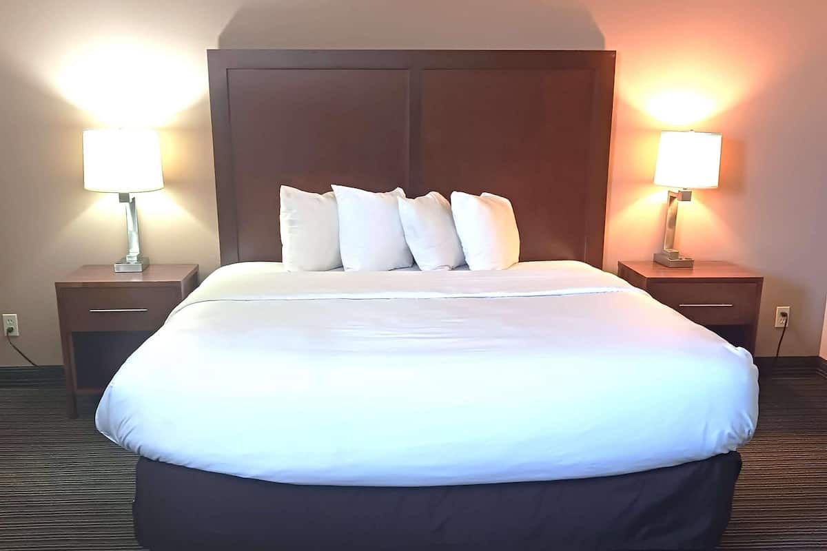 Quarto de hotel com uma cama grande, duas mesas de cabeceira com luminárias e uma cabeceira escura.