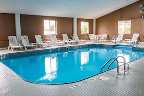 Indoor pool, open 9:00 AM to 10:00 PM, pool loungers