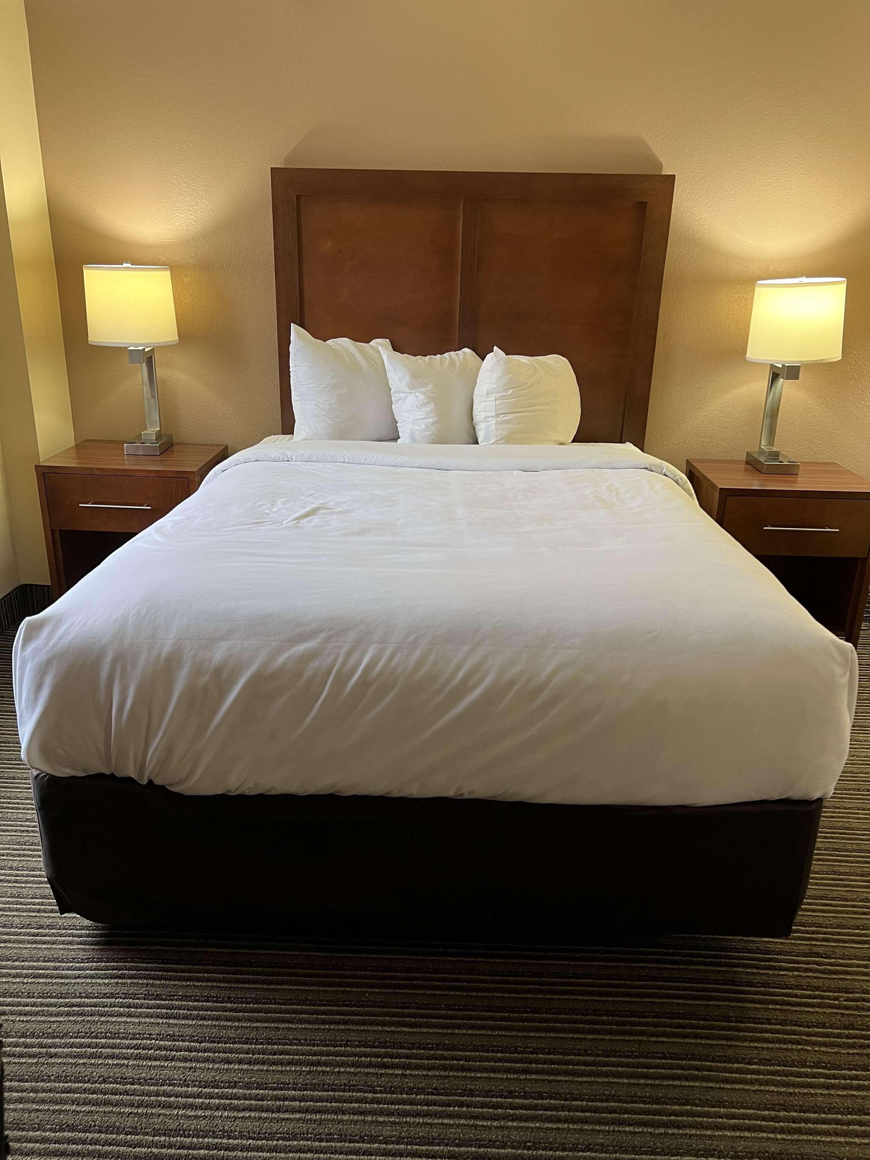 Une chambre d’hôtel avec un grand lit, deux tables de chevet avec des lampes et une tête de lit en bois.