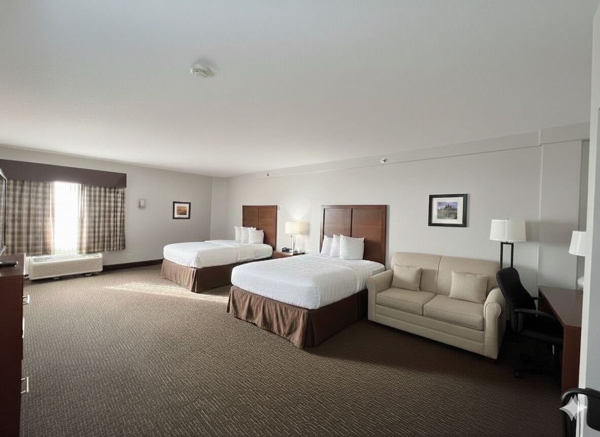 Habitación de hotel con dos camas, un sofá, un escritorio y una silla.
