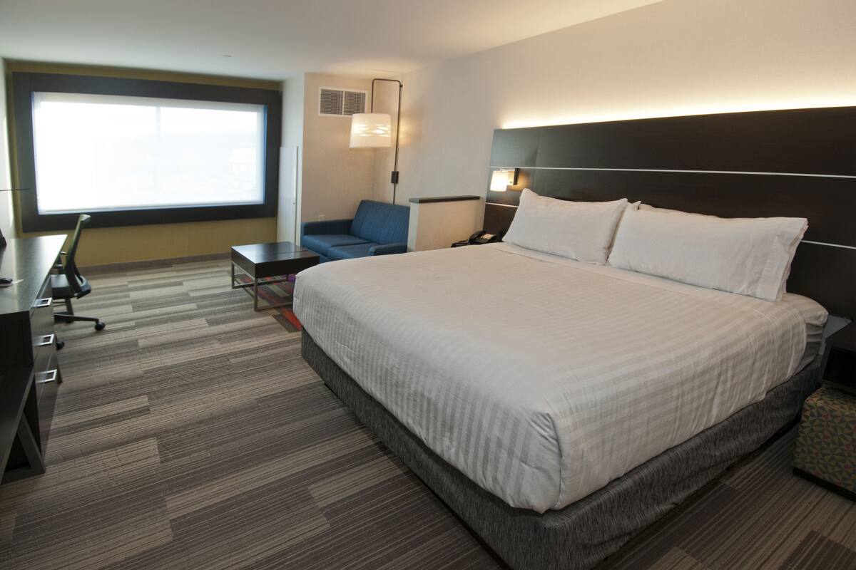 Una habitación de hotel con una cama grande, un escritorio, una silla y un sofá.