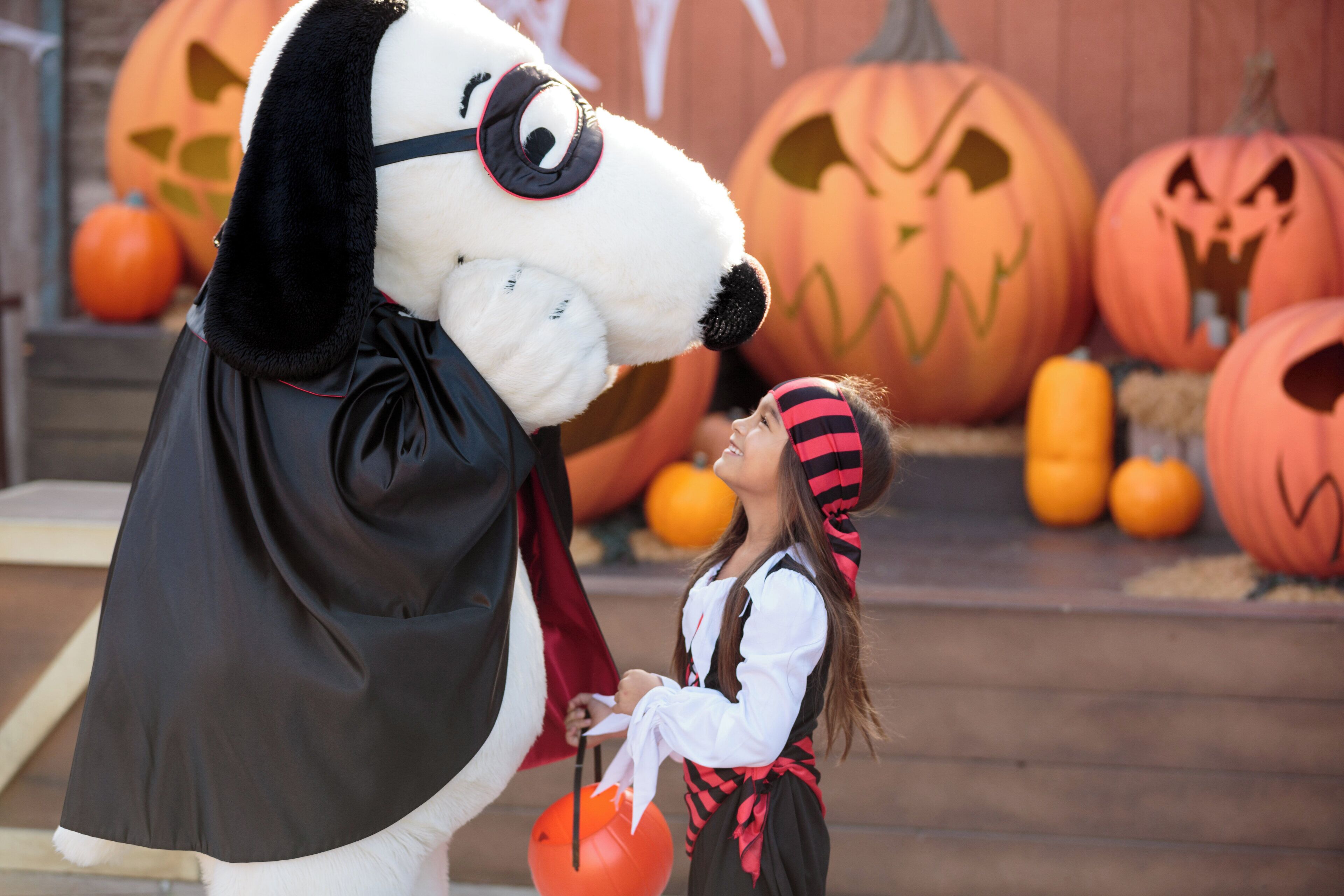 A person in a costume with a large white dog mascot, pumpkins, and a carved pumpkin in the background.