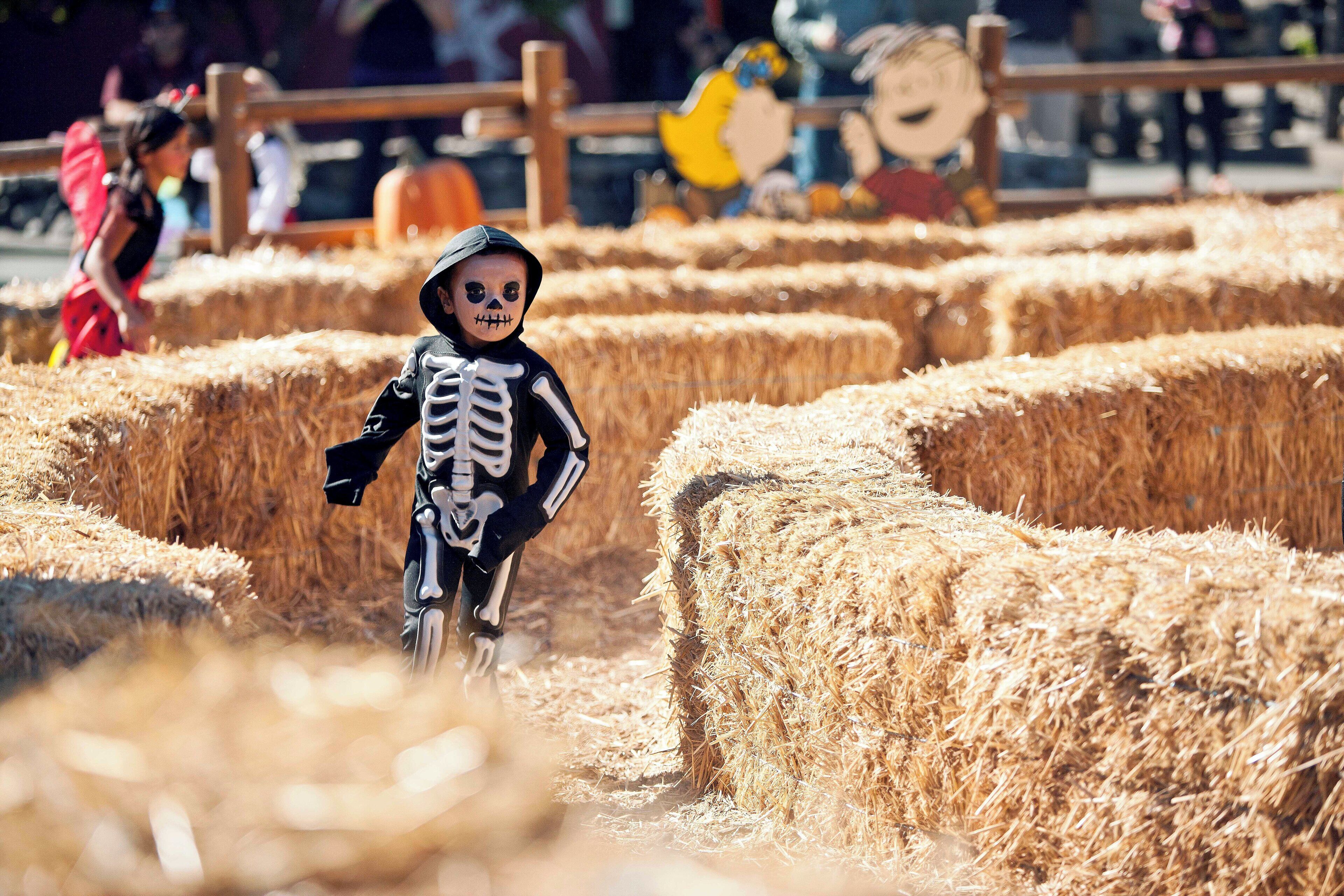 A skeleton figure navigating through hay bales.