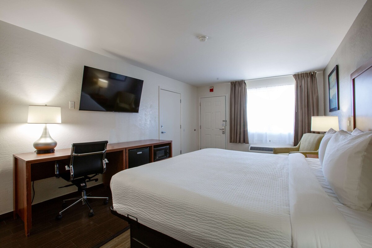A hotel room with a large bed, a desk with a chair, a television, and a window with curtains.