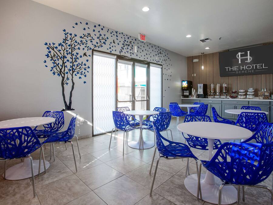 A hotel lobby with blue chairs and tables, a tree mural, and a sign reading "The Hotel Serene".