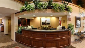 Een receptiegedeelte met een gebogen houten balie, planten in potten, een ingelijst beeld en een bord met evenementen.