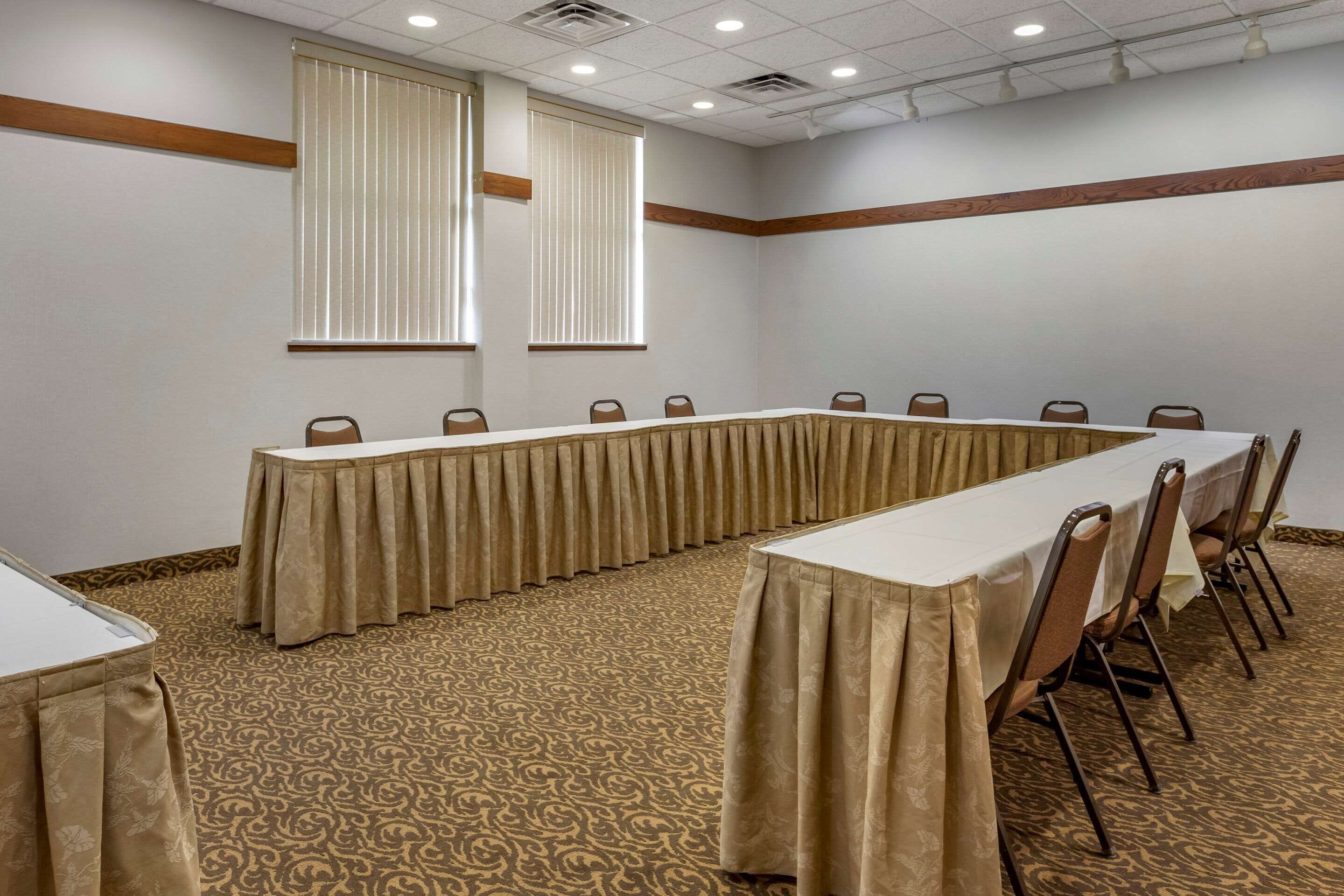 A conference room with a long table, chairs, and patterned carpet.