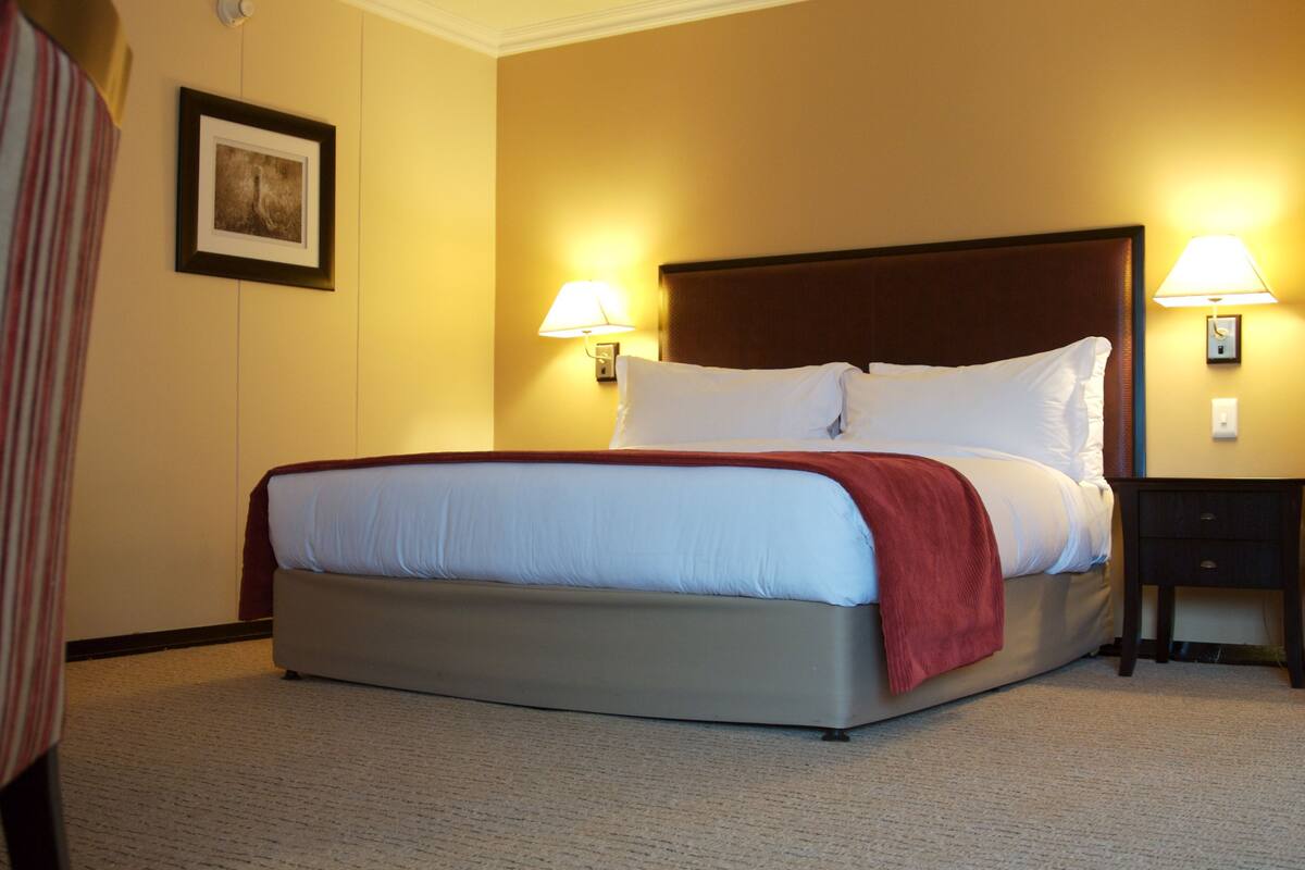 Habitación de hotel con cama, dos lámparas de noche, mesita de noche y un cuadro en la pared.