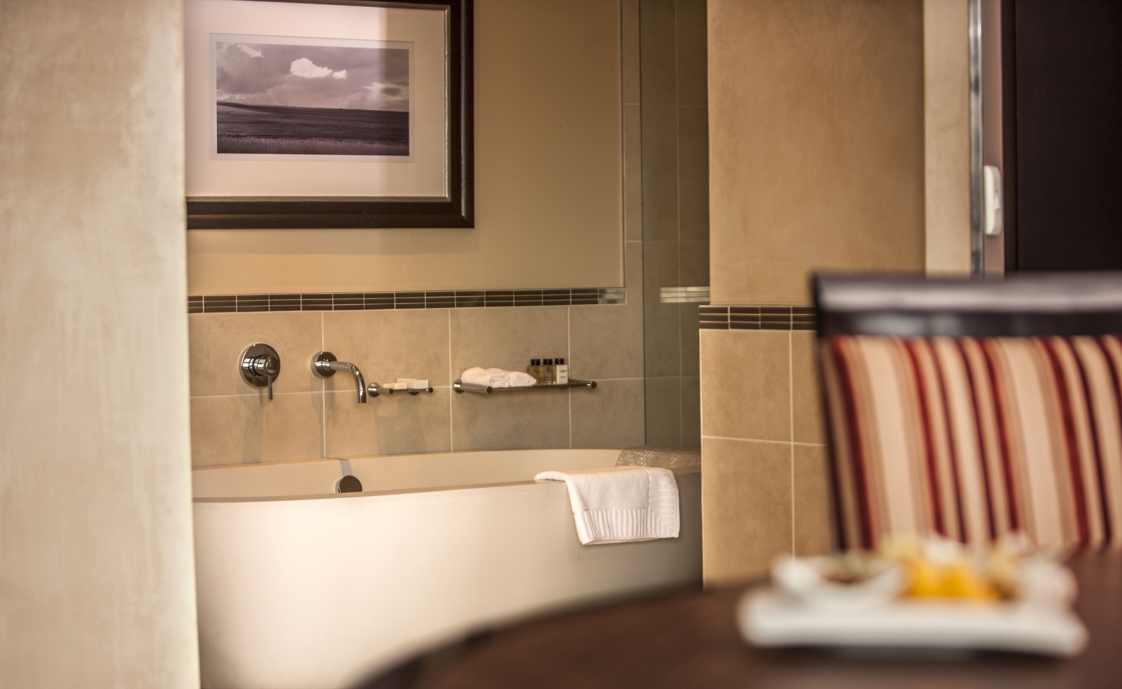 Une salle de bain avec une baignoire, un porte-serviettes et un tableau encadré au mur.