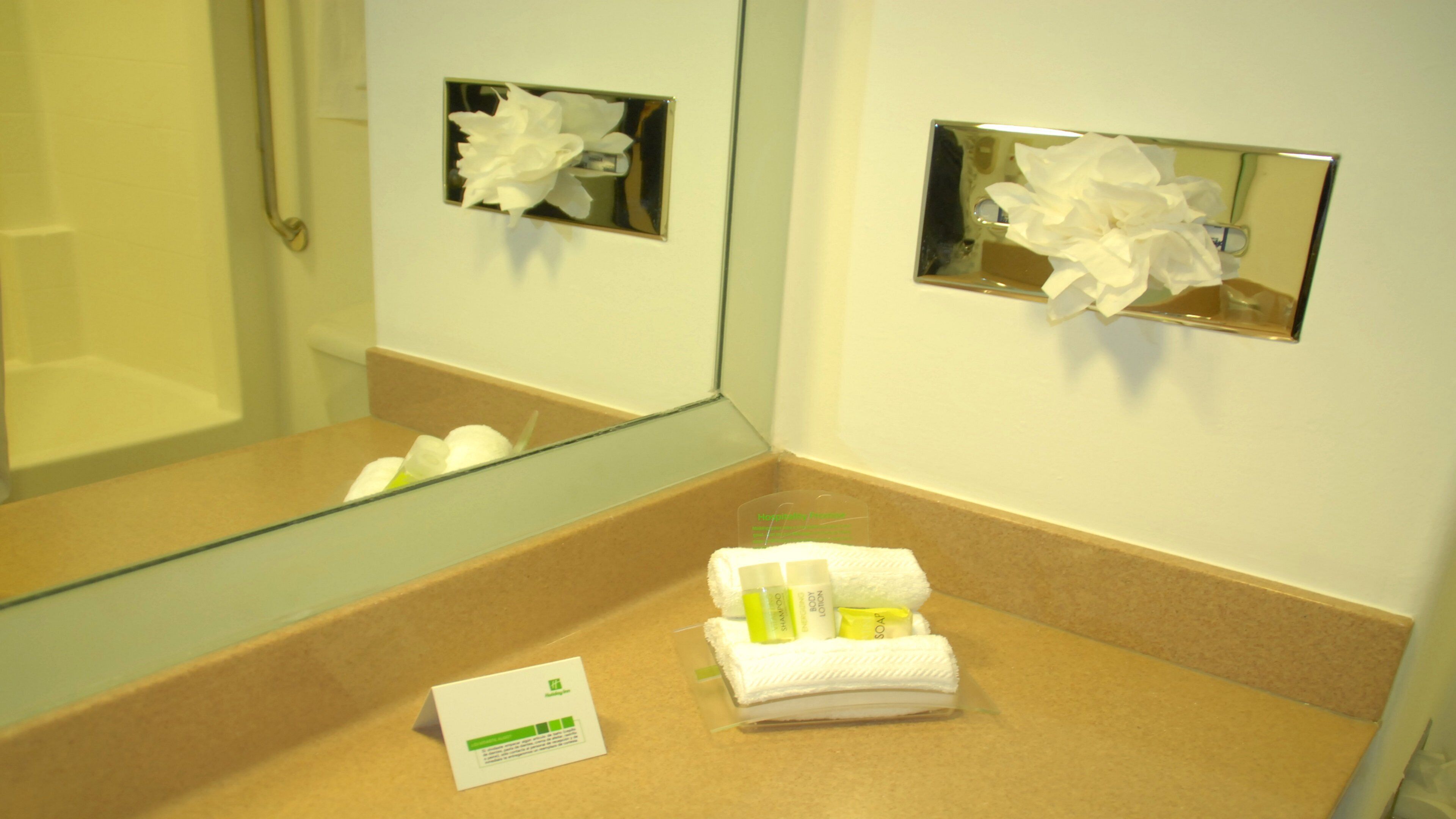 A bathroom with a mirror, a towel, and toiletries on the counter.