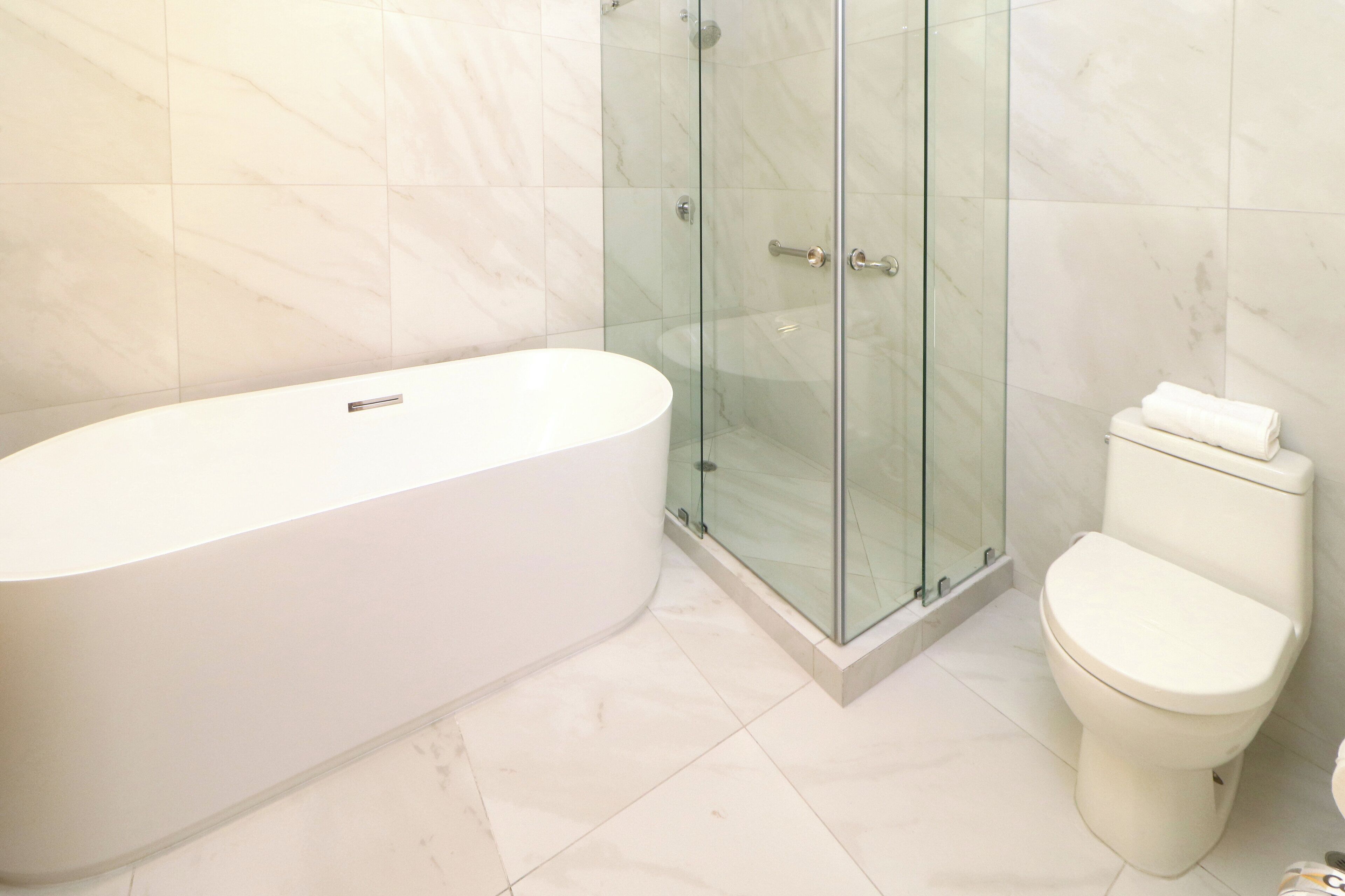 A modern bathroom with a freestanding bathtub, a glass-enclosed shower, and a toilet.