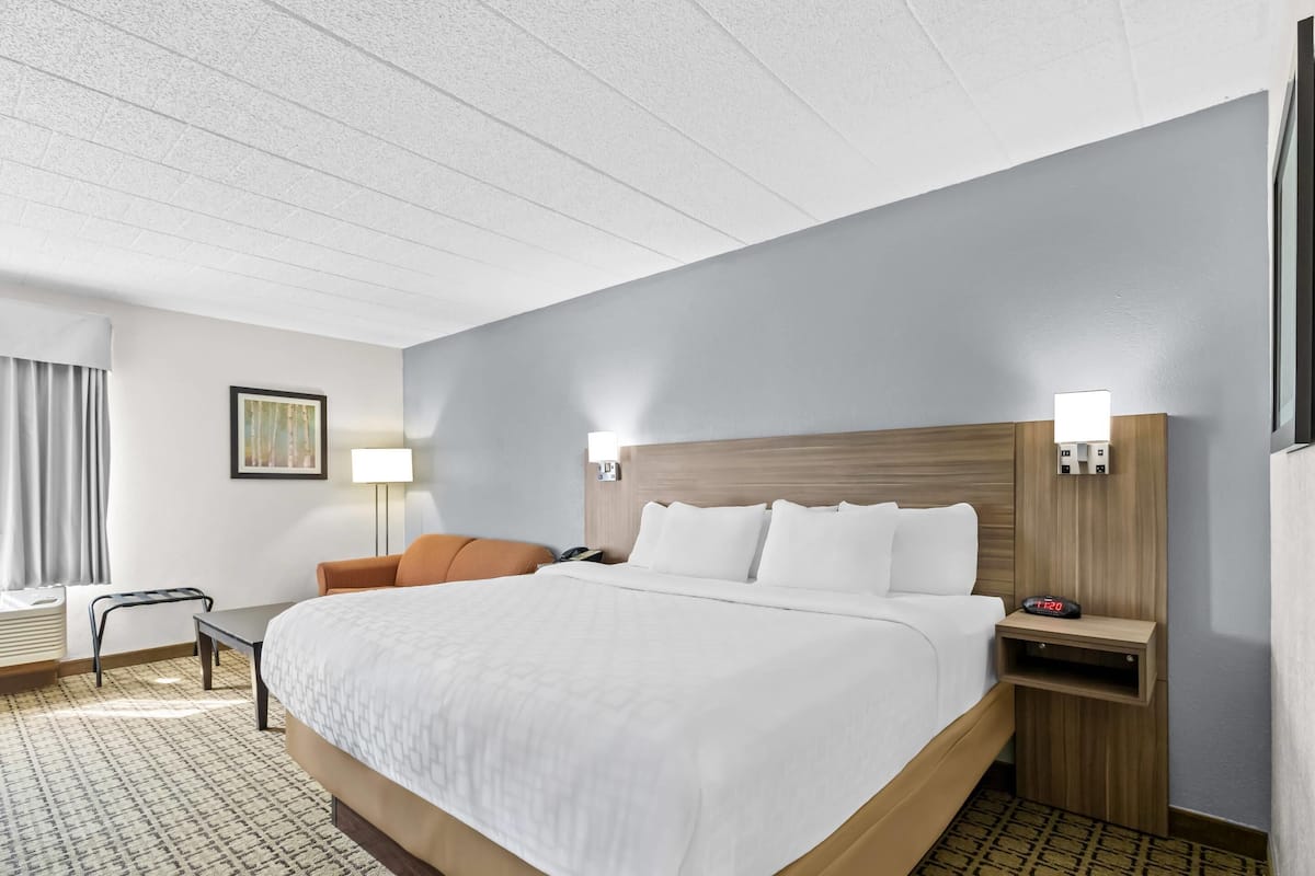 A hotel room with a large bed, bedside tables, a desk, and a chair.