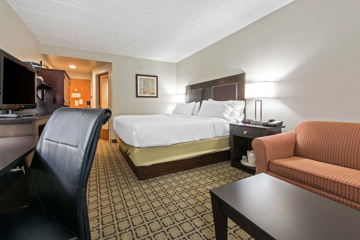 A hotel room with a bed, desk, chair, couch, and a television.