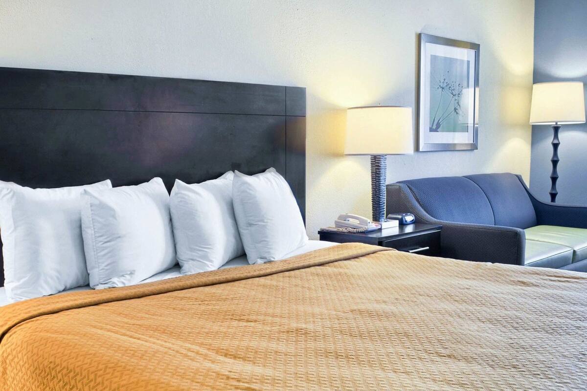 A hotel room with a large bed, a desk, two chairs, a lamp, and a framed picture on the wall.