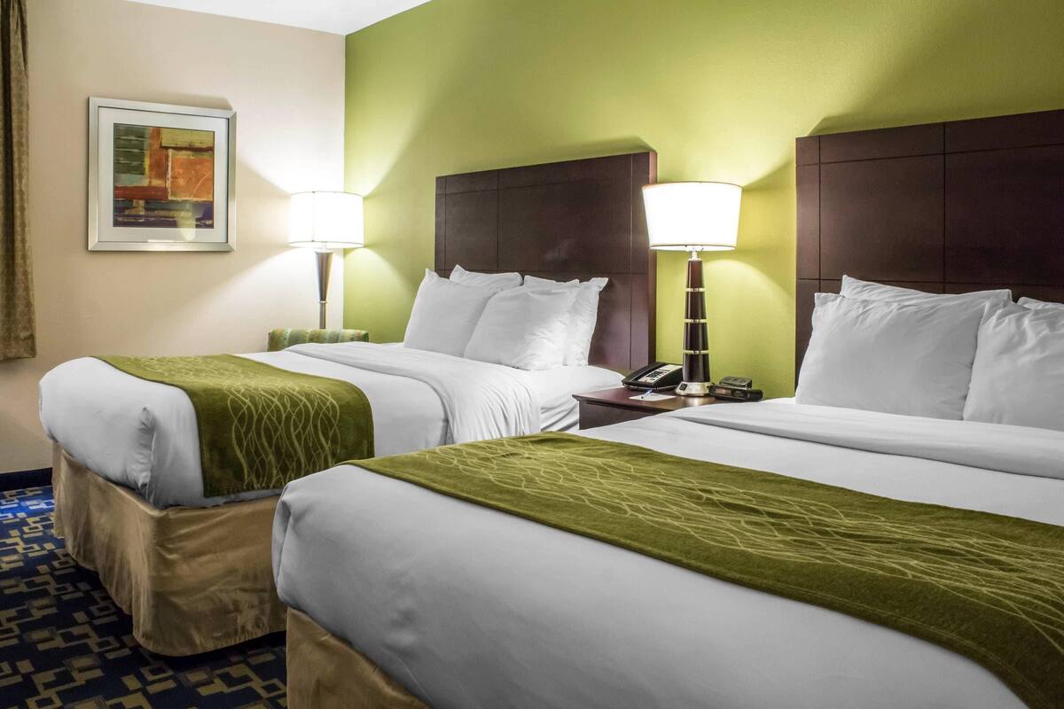 A hotel room with two beds, green walls, and a patterned carpet.