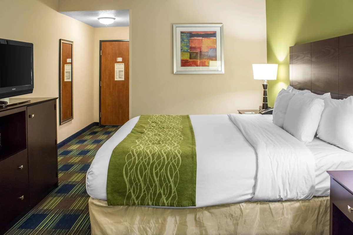Una habitación de hotel con cama, televisión, escritorio y lámpara.