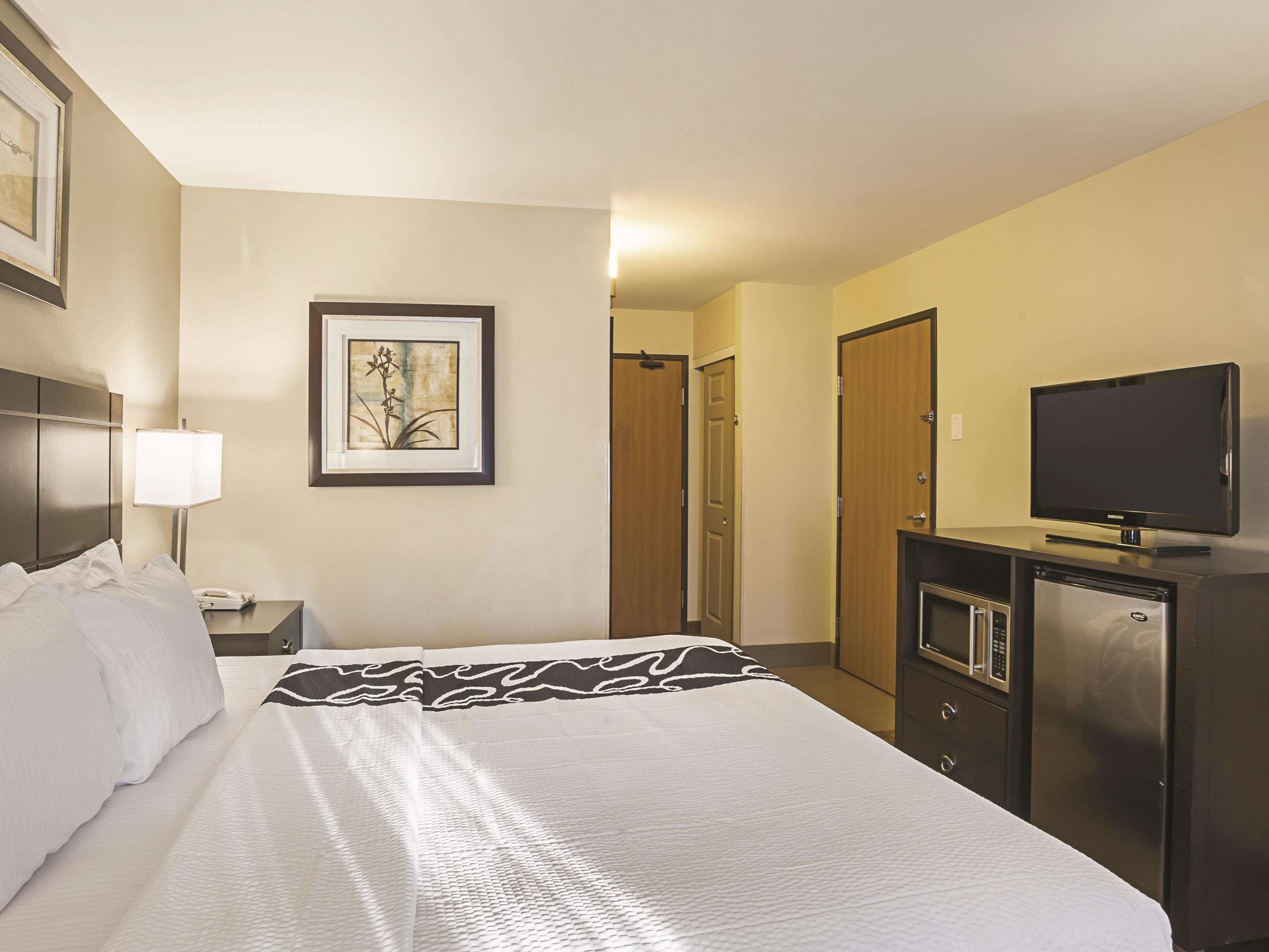 Habitación de hotel con una cama, una lámpara de noche, un cuadro en la pared, un televisor y un refrigerador.