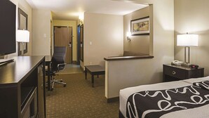 A hotel room with a bed, desk, chair, and a small table.
