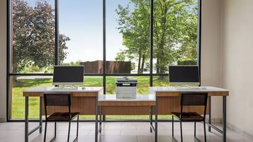 A workspace with two desks, each with a computer monitor, keyboard, and mouse. There is a printer on the central desk. The room has large windows offering a view of trees and a grassy area.