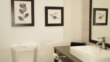 Rainfall showerhead, hair dryer, towels, soap