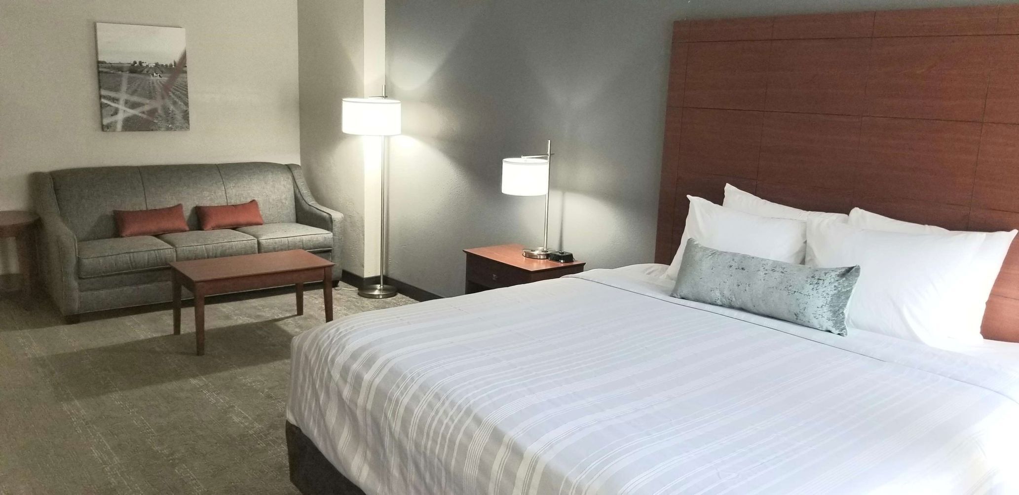 Hypo-allergenic bedding, desk, laptop workspace, blackout curtains