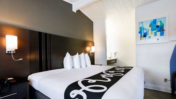 A hotel room with a large bed, a bedside table with a phone, a wall-mounted light, and a painting.