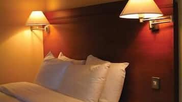Premium bedding, desk, laptop workspace, iron/ironing board